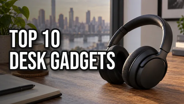 Thumbnail of headphones on a desk with TOP 10 DESK GADGETS in Bebas Neue, white with a black outline