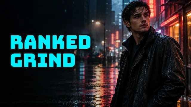 Thumbnail of a man in a neon-lit city at night with RANKED GRIND in Bungee, cyan with a black outline
