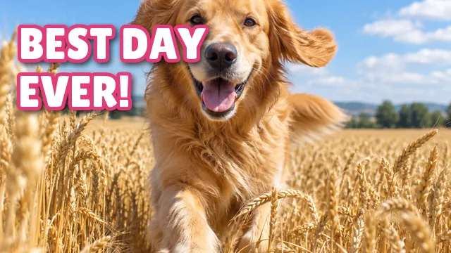 Thumbnail of a golden retriever running in a wheat field with BEST DAY EVER! in Lilita One, white with a pink outline