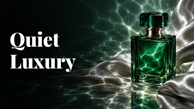 Thumbnail of a green perfume bottle with Quiet Luxury in Playfair Display Black, white serif text