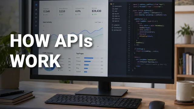 Thumbnail of a monitor with code and a dashboard and HOW APIs WORK in Roboto Black, white text