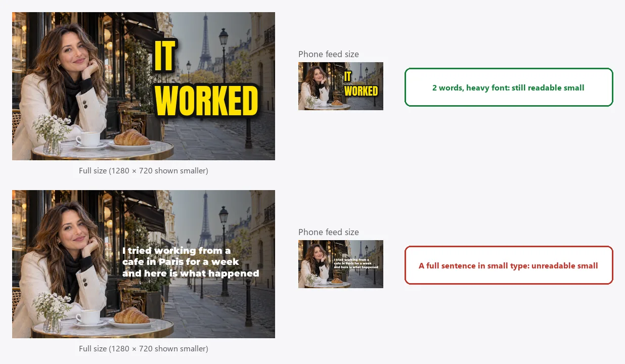 A thumbnail with two big words in Anton next to the same thumbnail with a full sentence, each also shown at phone feed size, where only the two-word version is readable