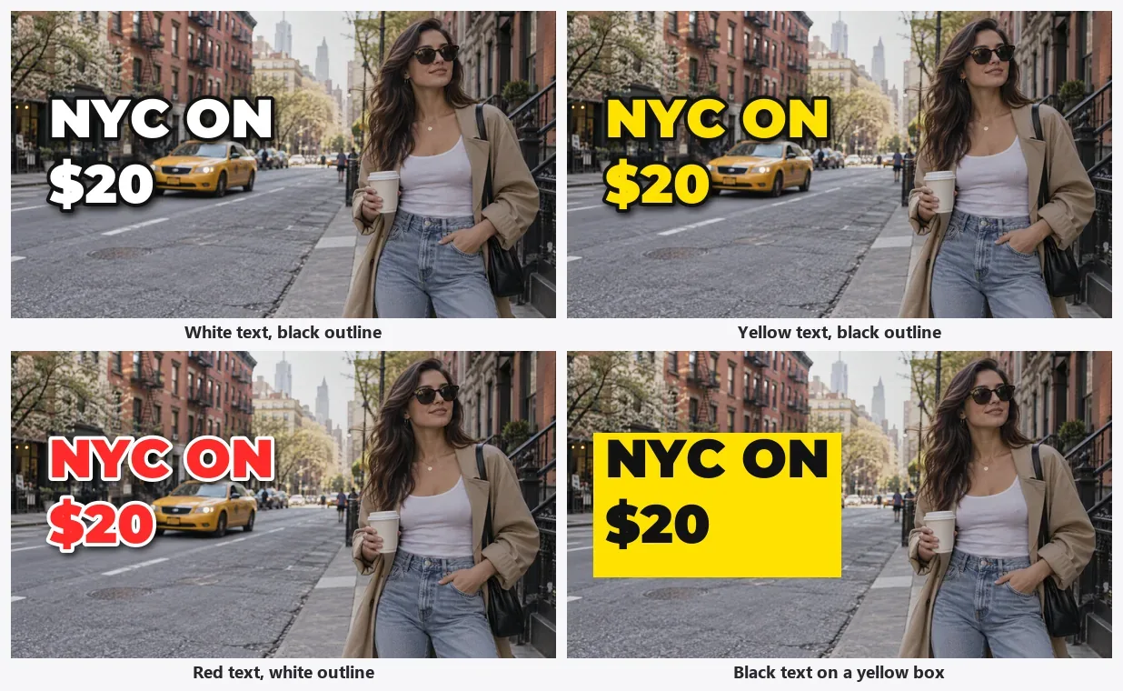 Four versions of a New York street thumbnail with the title NYC ON $20 in white, yellow and red text with outlines, and black text on a yellow box