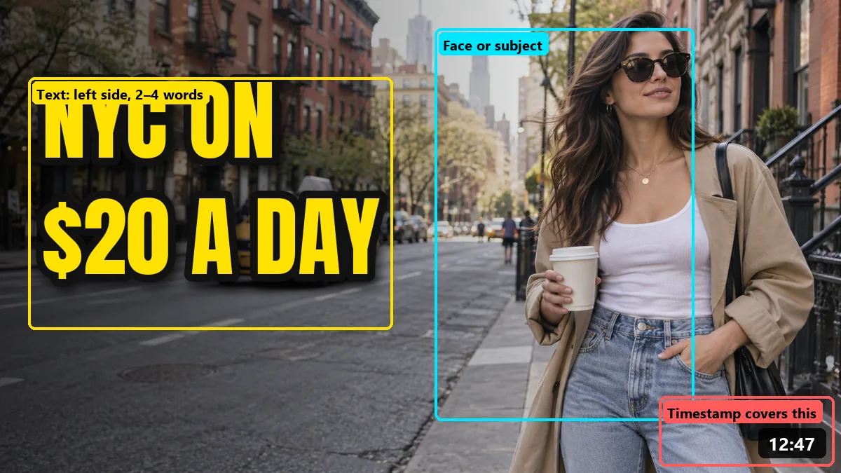 Thumbnail layout guide: text block on the left, the subject in the middle, and the bottom-right corner marked where the video length timestamp covers the image