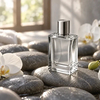 Perfume bottle in a spa scene, an example of an AI photo edit made in a browser