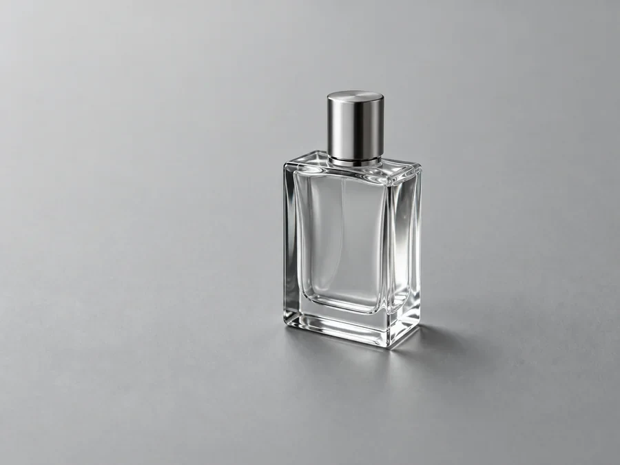Plain product photo of a perfume bottle on a white background before editing