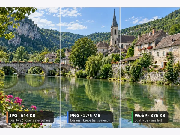 The same photo saved as JPG, PNG and WebP with file sizes compared