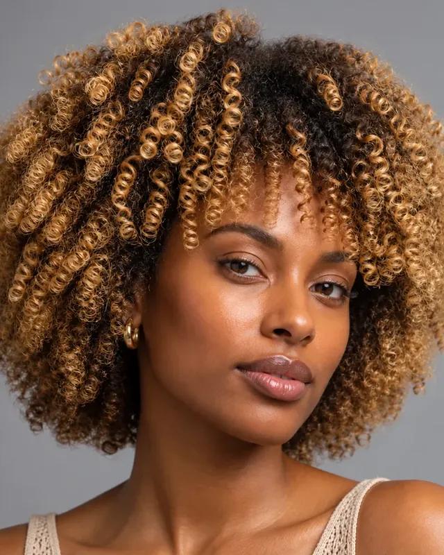 Woman with voluminous golden curly coils