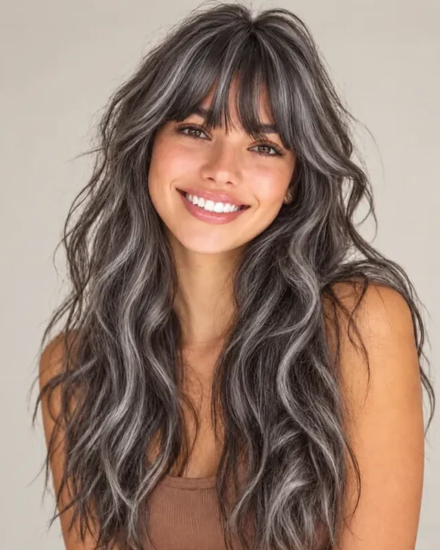 Smiling woman with long salt-and-pepper gray hair and bangs