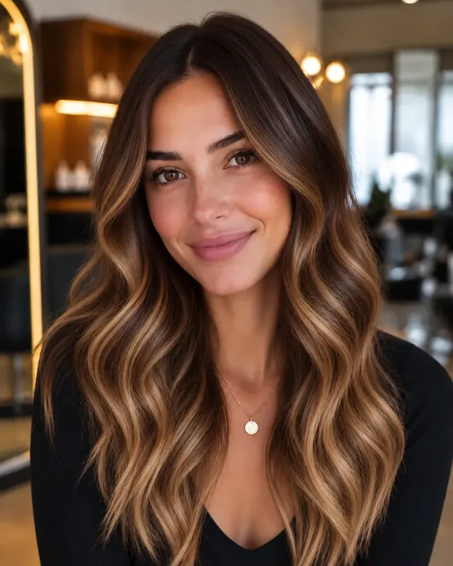 Woman with long caramel balayage waves