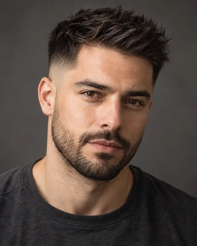 Man with a mid skin fade, textured top and trimmed beard