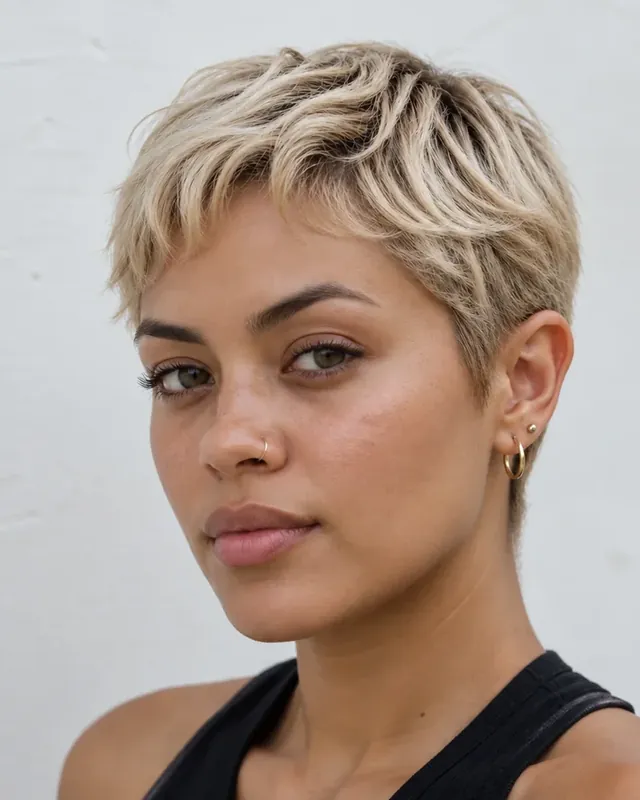 Woman with a short textured blonde pixie crop