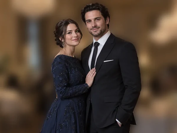 Couple in a ballroom with the background blurred like a portrait lens