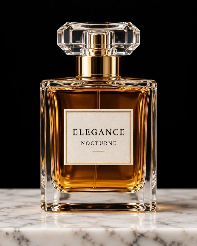 Perfume bottle photographed on a beige studio backdrop before background removal