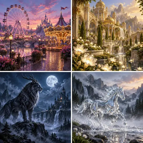 Four fantasy images in different styles generated from prompts in an AI image generator