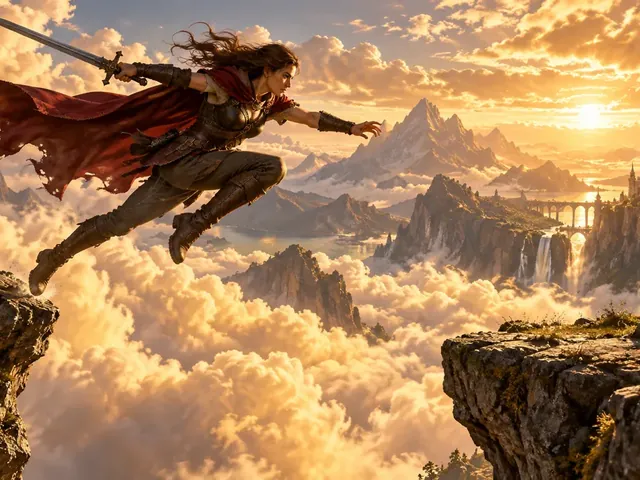 Adventurer in a red cloak leaping between cliffs above golden clouds