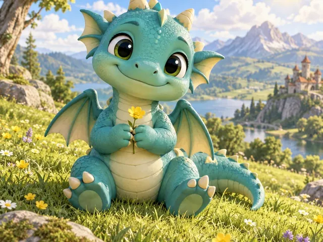 Cute teal baby dragon holding a yellow flower in a sunny meadow