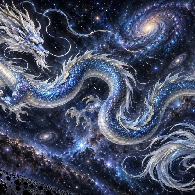 Silver and blue eastern dragon coiling through a spiral galaxy