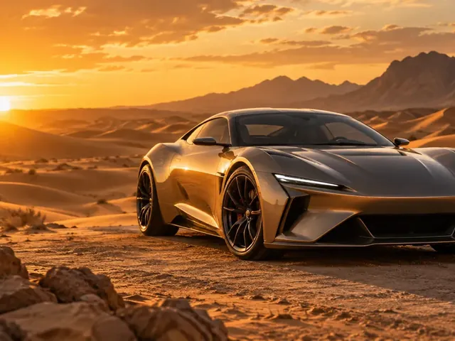 Silver concept sports car on desert sand at sunset