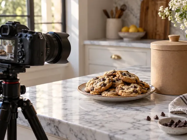 Camera on a tripod photographing chocolate chip cookies on a marble counter