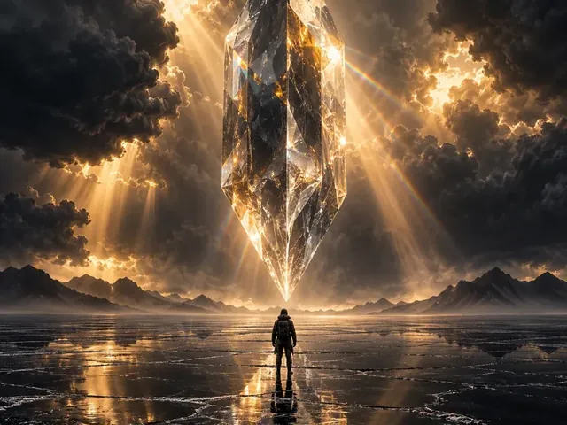 Lone explorer under a giant floating crystal prism on a dark salt flat