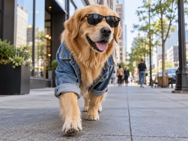 Golden retriever in a denim jacket and sunglasses walking down a city street