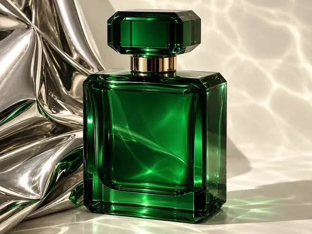 ChatGPT image prompt example: emerald perfume bottle on folded chrome fabric with water reflections