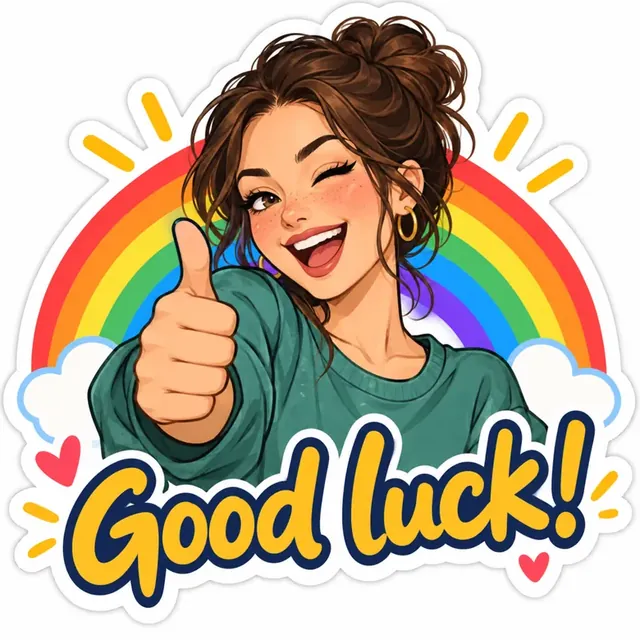 Die-cut cartoon sticker of a woman giving a thumbs up with Good luck lettering
