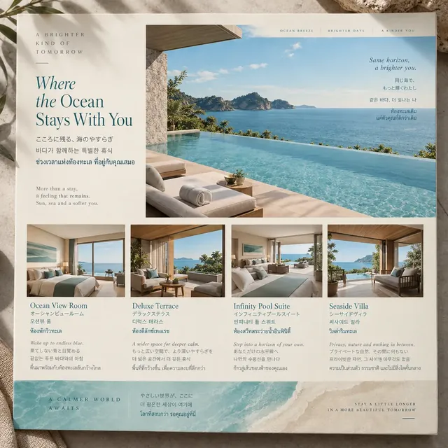 Seaside hotel brochure with headings in four languages, made with a ChatGPT image prompt