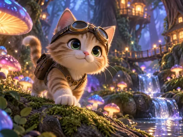 Fun ChatGPT image prompt result: a kitten in aviator goggles in a glowing mushroom forest