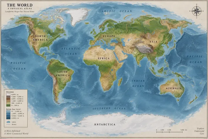 GPT Image 2 prompt result: physical world map with labeled continents, oceans and a legend