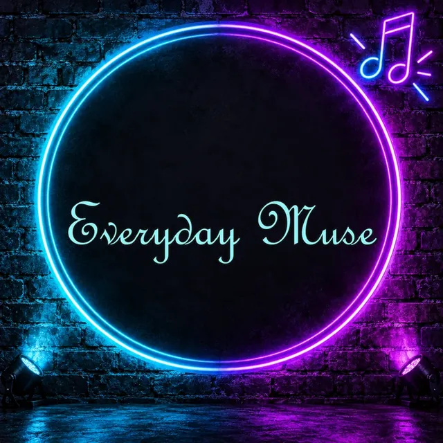 Neon sign logo reading Everyday Muse inside a pink and purple neon circle on a brick wall
