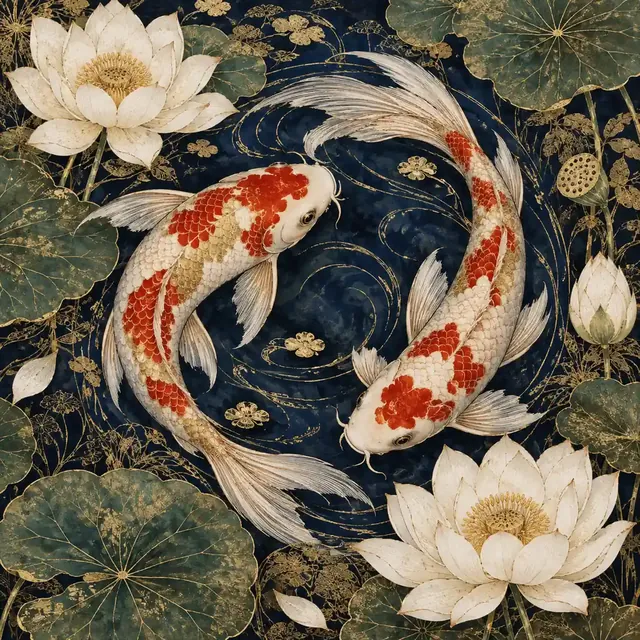Ornate illustration of two koi among white lotus flowers with gold filigree