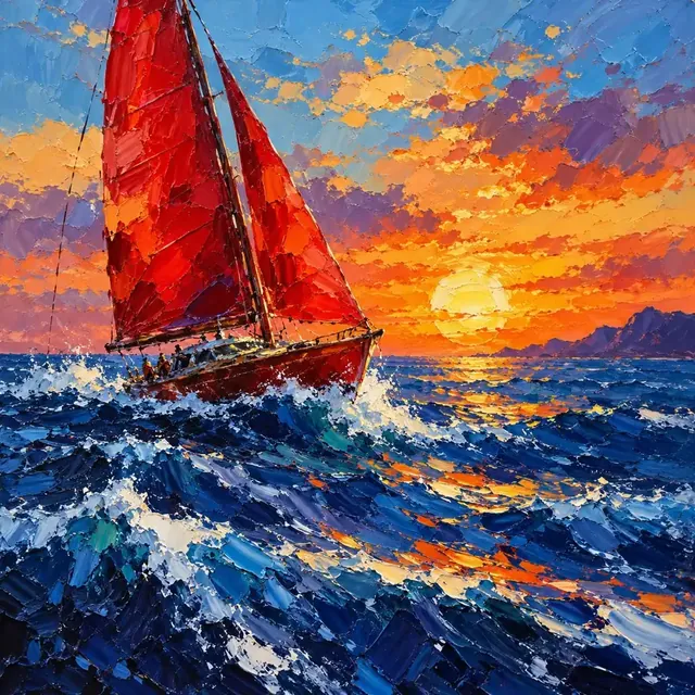 Best ChatGPT prompts for pictures: palette knife oil painting of a red sailboat on cobalt waves