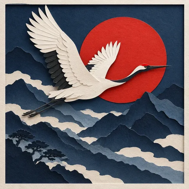 Layered paper art of a white crane flying over indigo mountains and a red sun