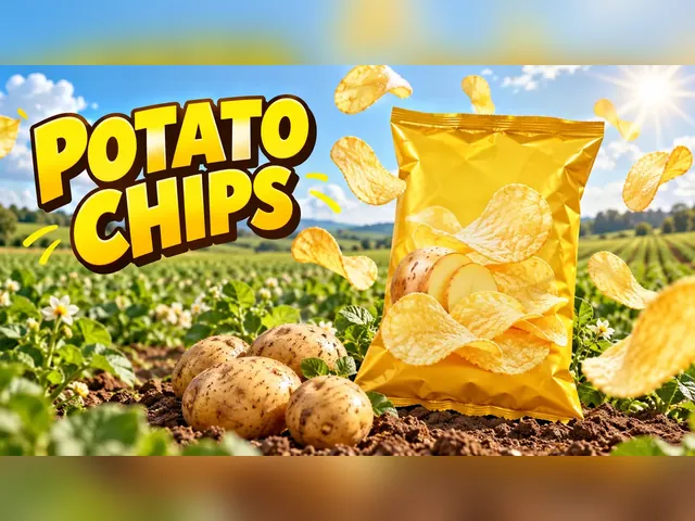 Potato chips ad with flying chips over a potato field and a bold yellow title