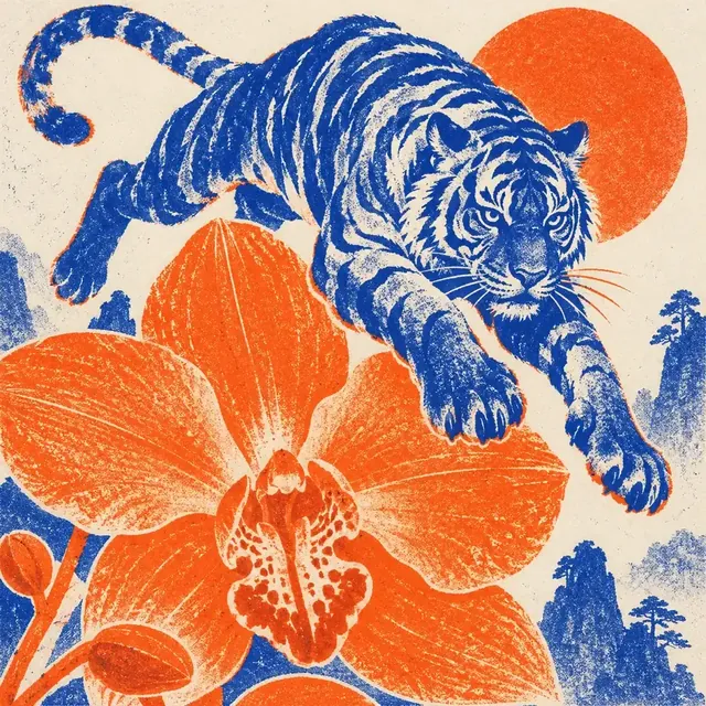Two-color risograph print of a blue tiger leaping through orange orchids