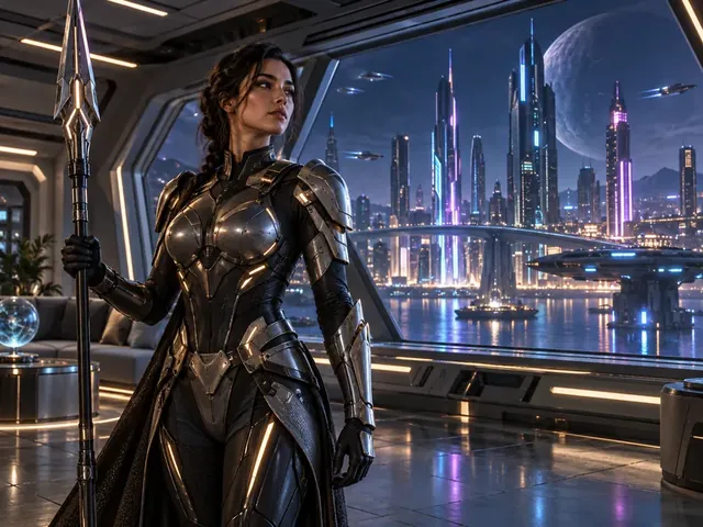 Woman in black sci-fi armor on a spaceship bridge overlooking a neon city