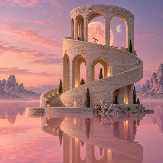 Surreal 3D render of a spiral stone observatory on a pink lake under two moons