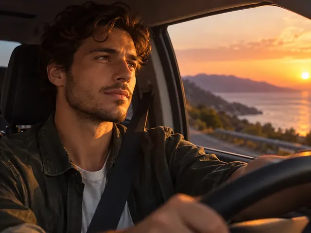 Chat gpt prompts for photos: cinematic portrait of a man driving at sunset by the sea