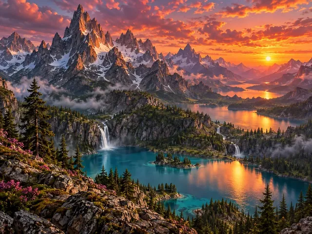 Fantasy mountain landscape with turquoise lakes and waterfalls at sunset