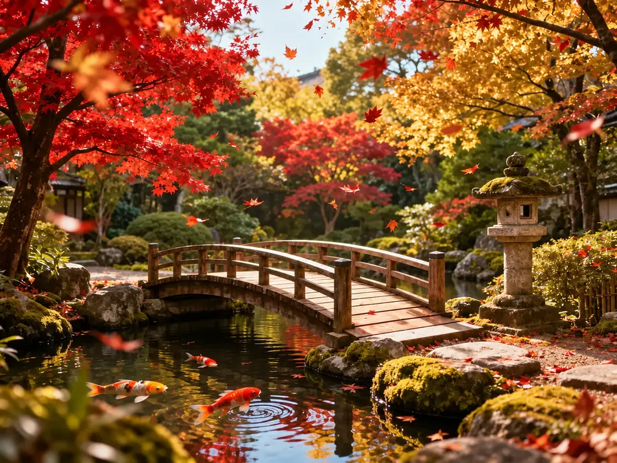 Photo of a Japanese garden in autumn with a wooden bridge over a pond