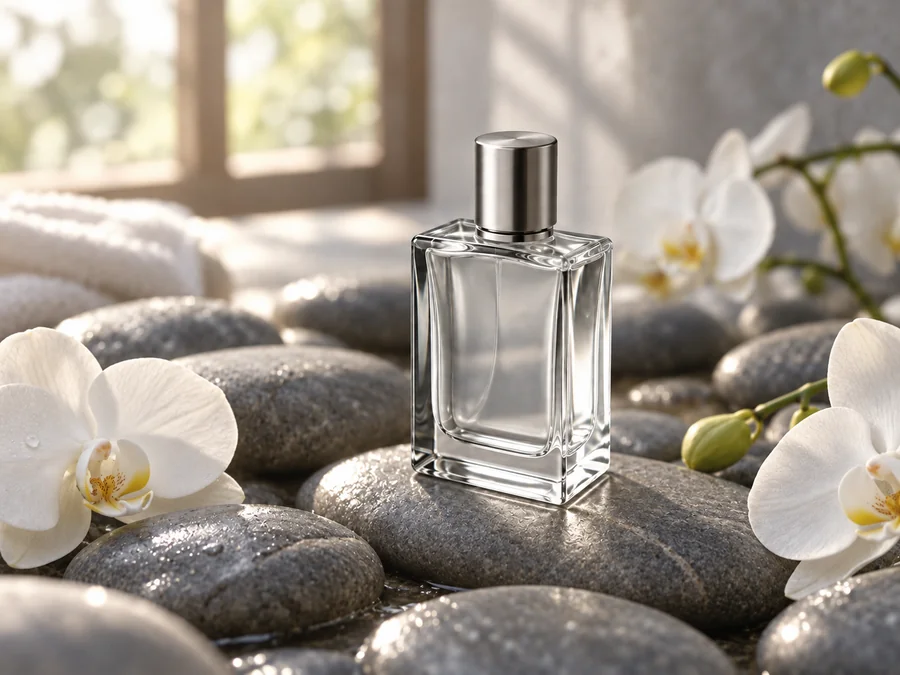 The same perfume bottle styled on spa stones with white orchids after an AI prompt for photo editing