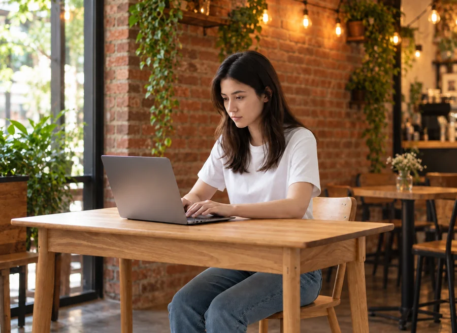 The same woman and laptop placed in a brick café with hanging plants after the ChatGPT photo editing prompt
