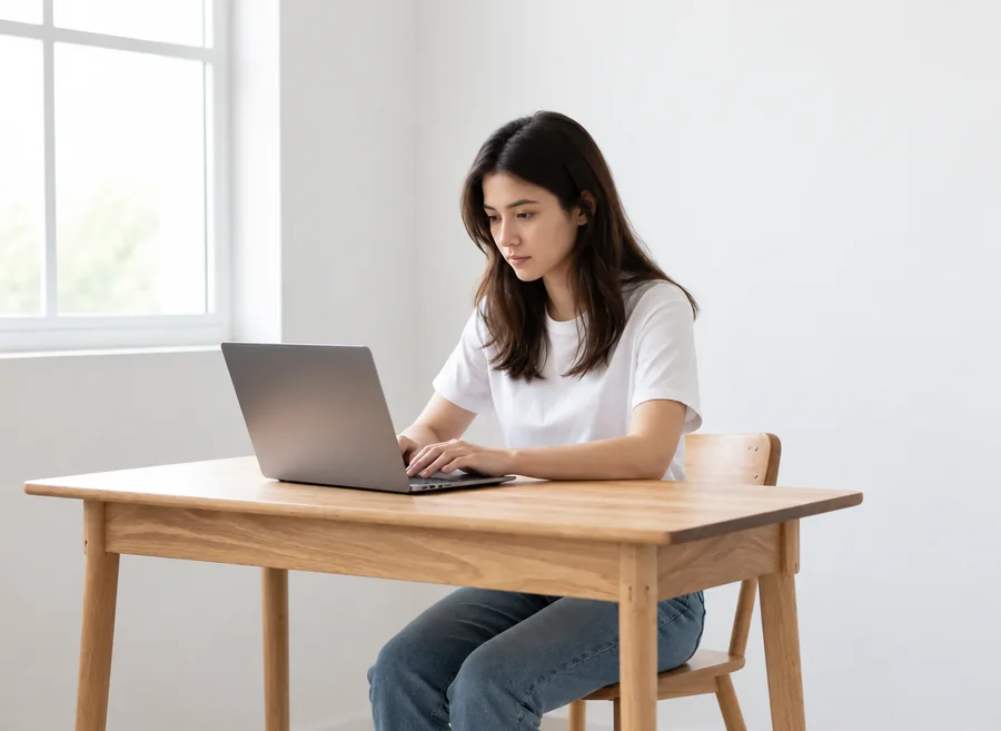 Woman working on a laptop at a wooden table in a plain white room, before a ChatGPT photo edit