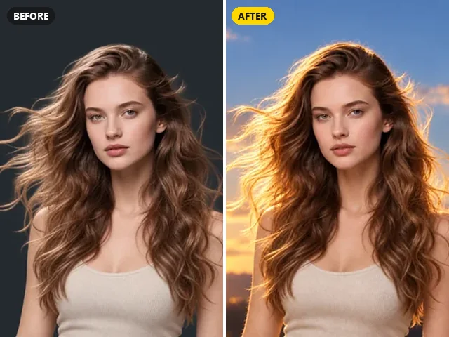 Before and after of a ChatGPT photo edit: a studio portrait relit with golden sunset light