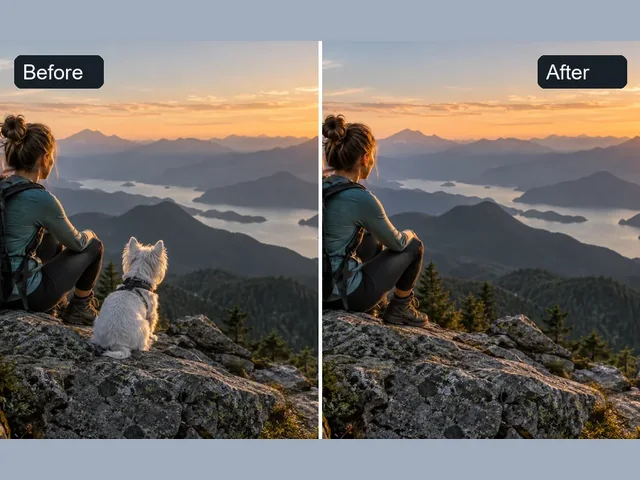 Before and after: a dog removed from a hiking photo with an AI retouch prompt