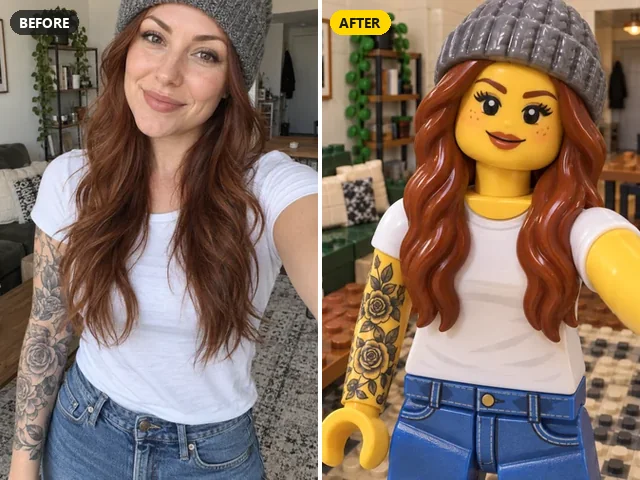 Selfie of a woman in a beanie turned into a toy brick minifigure