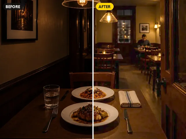 Dark restaurant table photo brightened so the pasta dishes are clearly visible