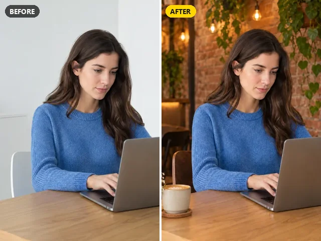 Image editing prompt result: woman on a laptop moved from a white room to a brick café